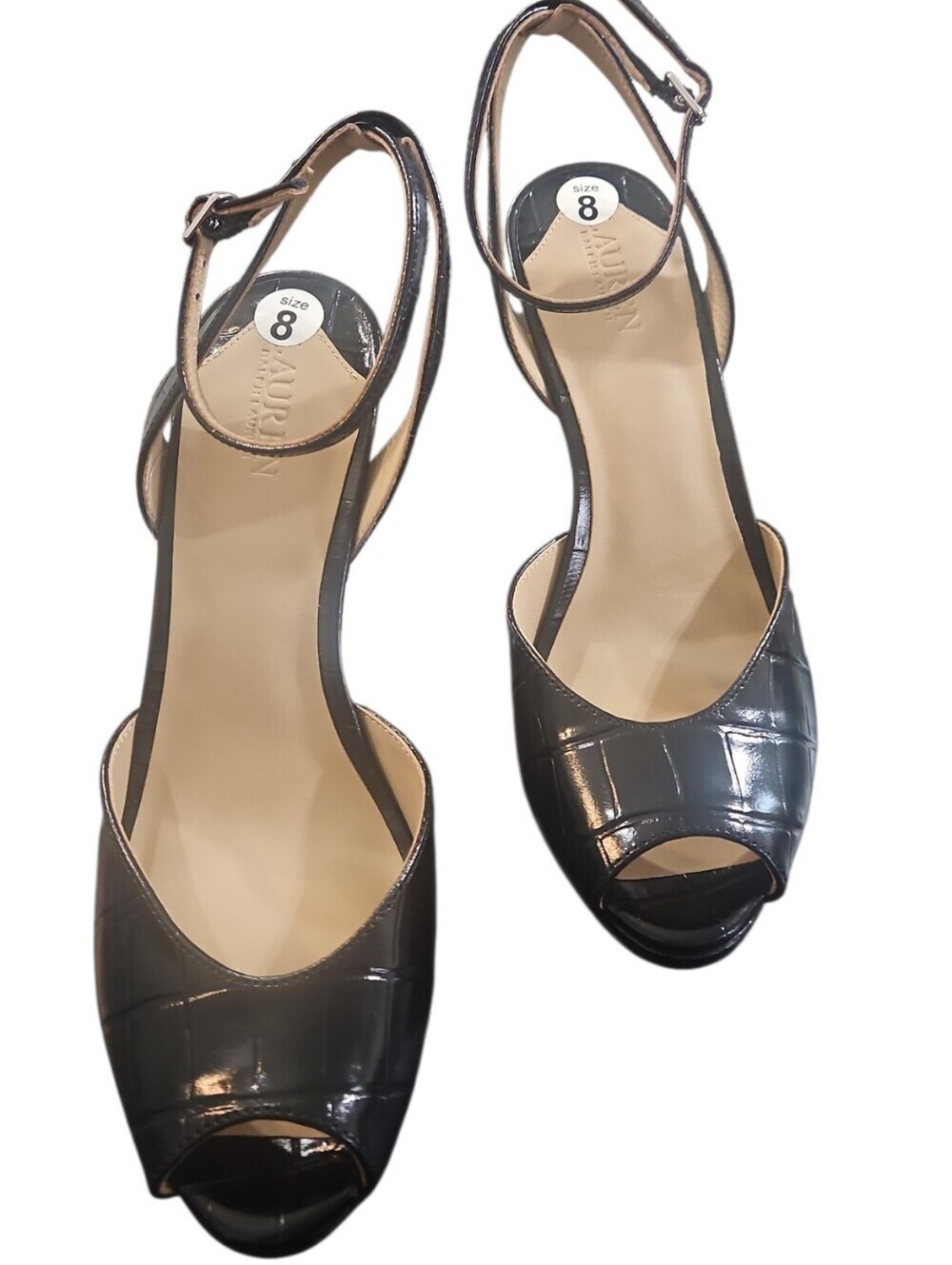 Lauren Ralph Lauren Kyla Croc Embossed Leather Peep Toe Sandal Heels 8 - Picture 4 of 16